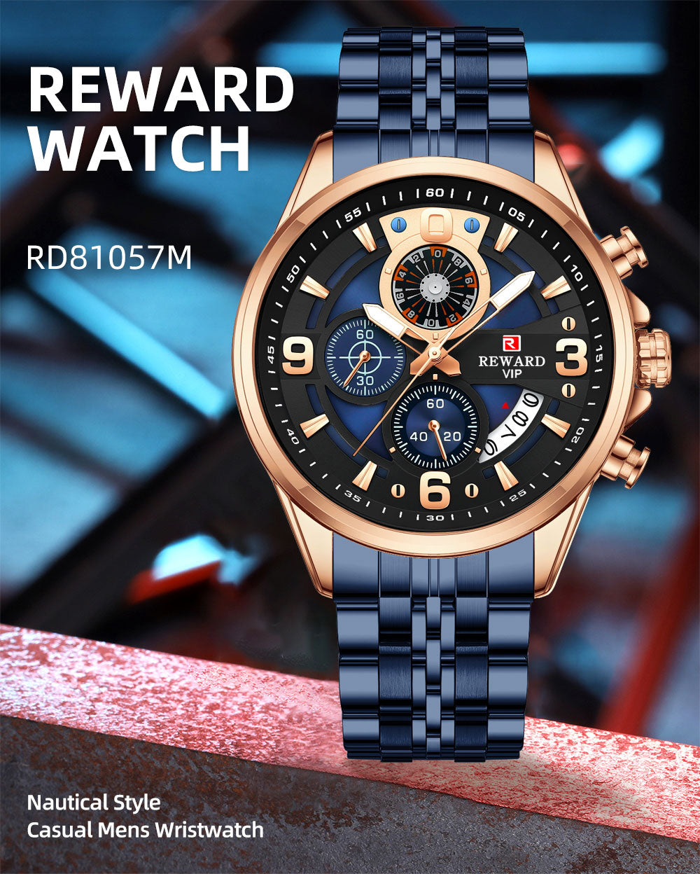 REWARD RD81057M Luxury Men’s Quartz Chronograph Watch – Stainless Steel, Auto Date, Waterproof
