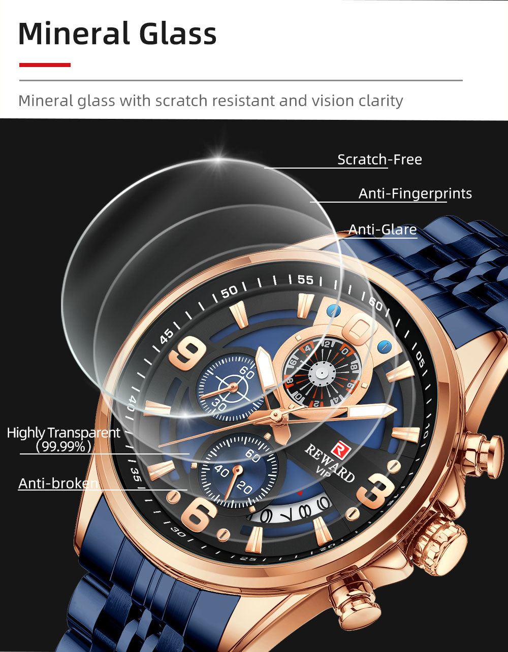 REWARD RD81057M Luxury Men’s Quartz Chronograph Watch – Stainless Steel, Auto Date, Waterproof