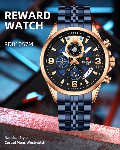 REWARD RD81057M Luxury Men’s Quartz Chronograph Watch – Stainless Steel, Auto Date, Waterproof