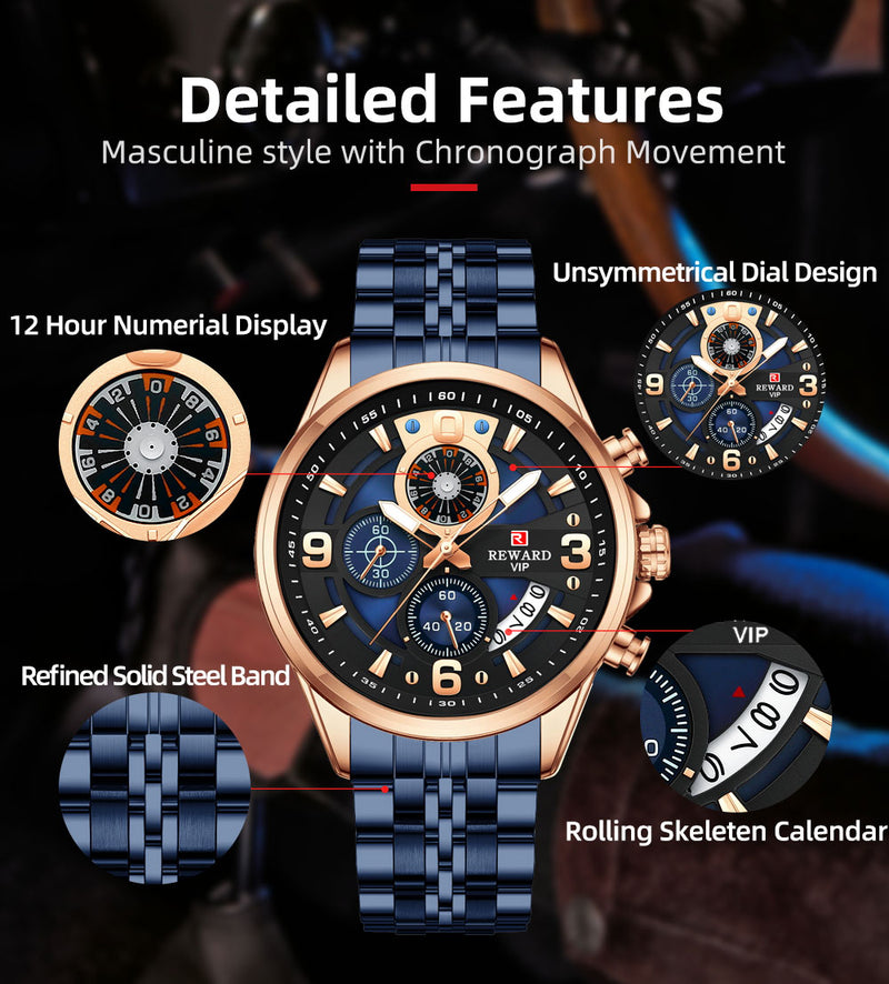 REWARD RD81057M Luxury Men’s Quartz Chronograph Watch – Stainless Steel, Auto Date, Waterproof