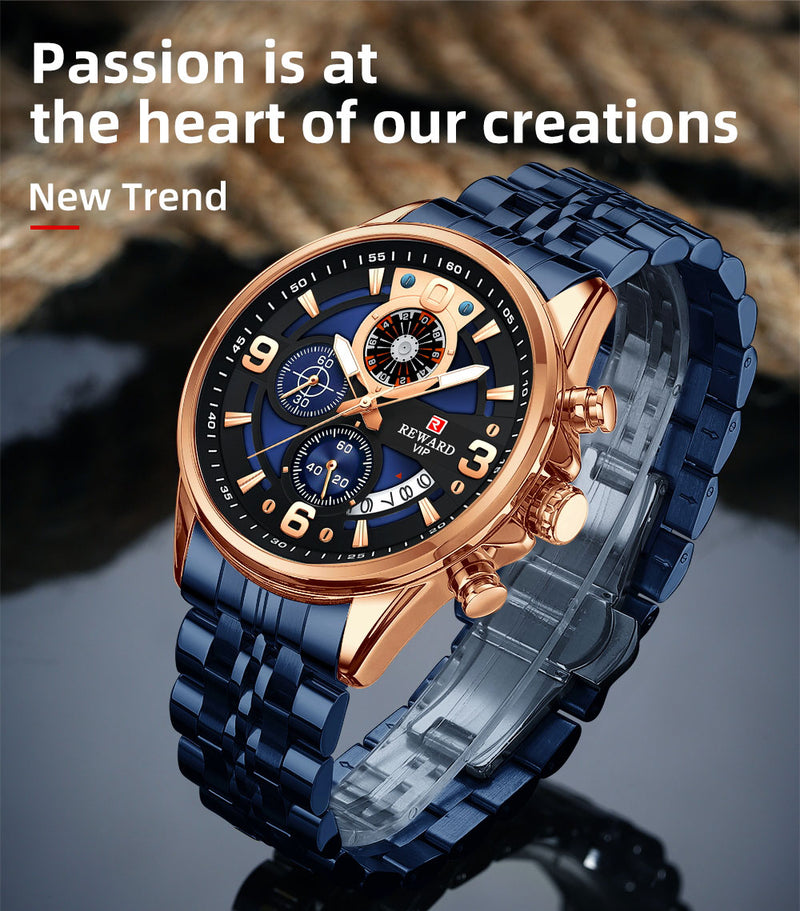 REWARD RD81057M Luxury Men’s Quartz Chronograph Watch – Stainless Steel, Auto Date, Waterproof