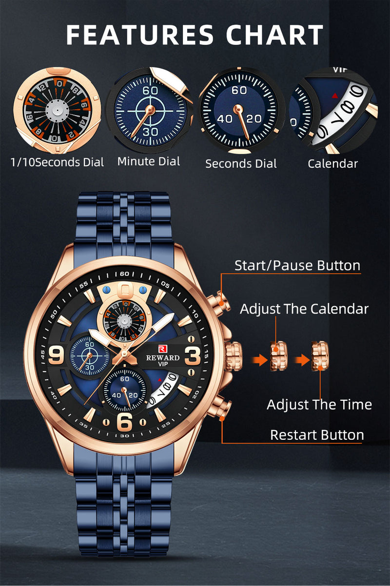 REWARD RD81057M Luxury Men’s Quartz Chronograph Watch – Stainless Steel, Auto Date, Waterproof