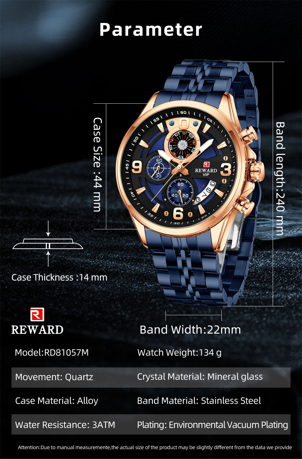 REWARD RD81057M Luxury Men’s Quartz Chronograph Watch – Stainless Steel, Auto Date, Waterproof