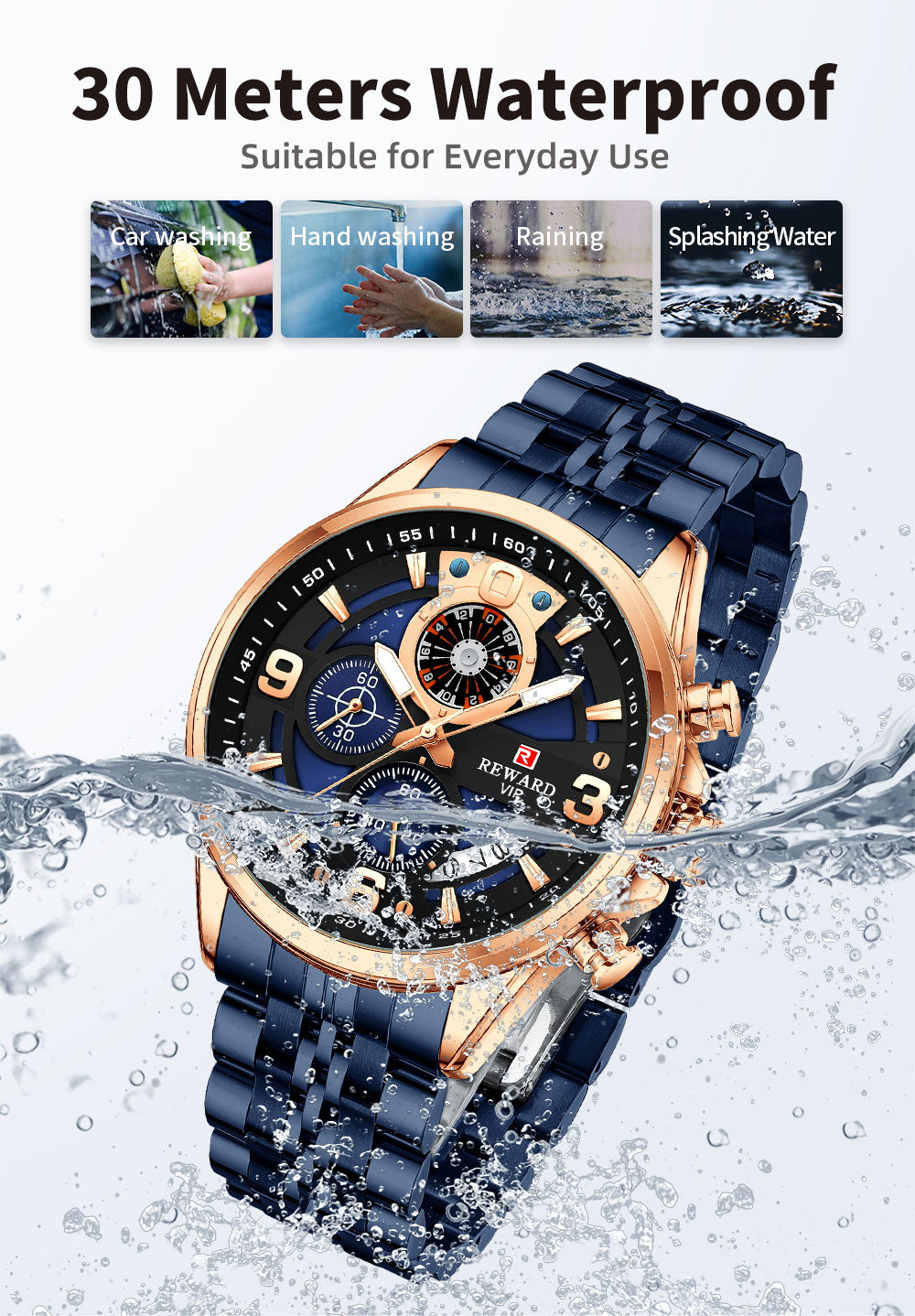 REWARD RD81057M Luxury Men’s Quartz Chronograph Watch – Stainless Steel, Auto Date, Waterproof