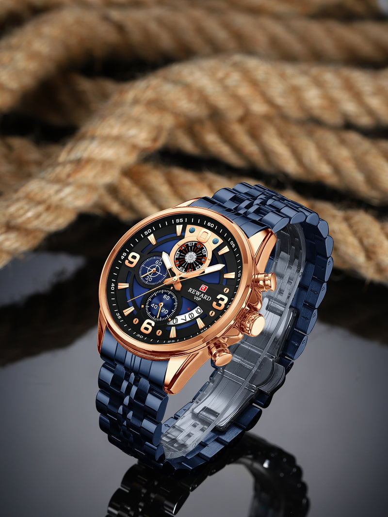 REWARD RD81057M Luxury Men’s Quartz Chronograph Watch – Stainless Steel, Auto Date, Waterproof
