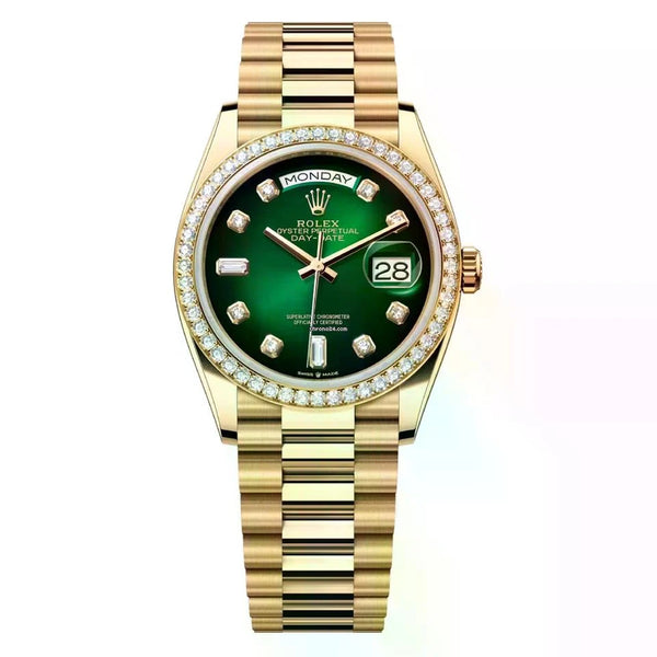 Rolex Oyster Perpetual Day-Date 40mm Green Dial  Diamond Bezel Men's Luxury Watch
