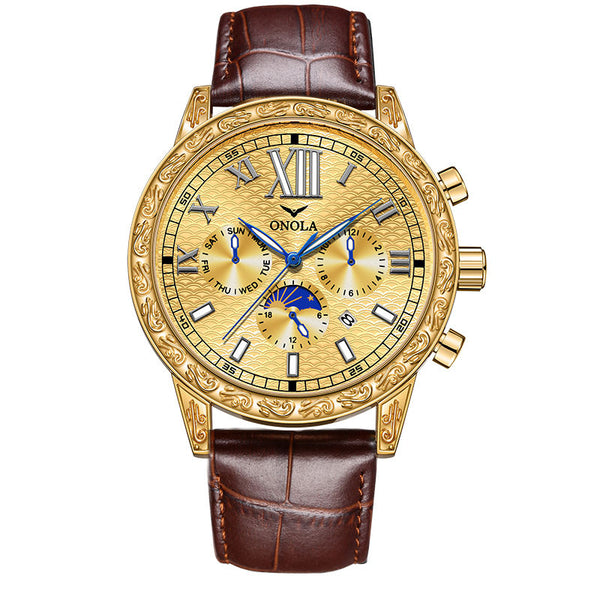 ONOLA 6834 Luxury Automatic Mechanical Men’s Watch – Waterproof 3BAR, Gold Alloy Case, Leather Band
