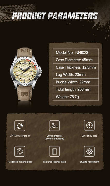 NAVIFORCE  Men's Sport Luxury Waterproof 3atm Fashion Leather Quartz Watch with Calendar