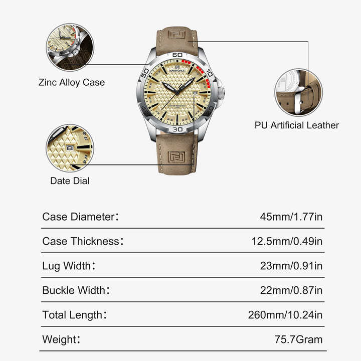 NAVIFORCE  Men's Sport Luxury Waterproof 3atm Fashion Leather Quartz Watch with Calendar