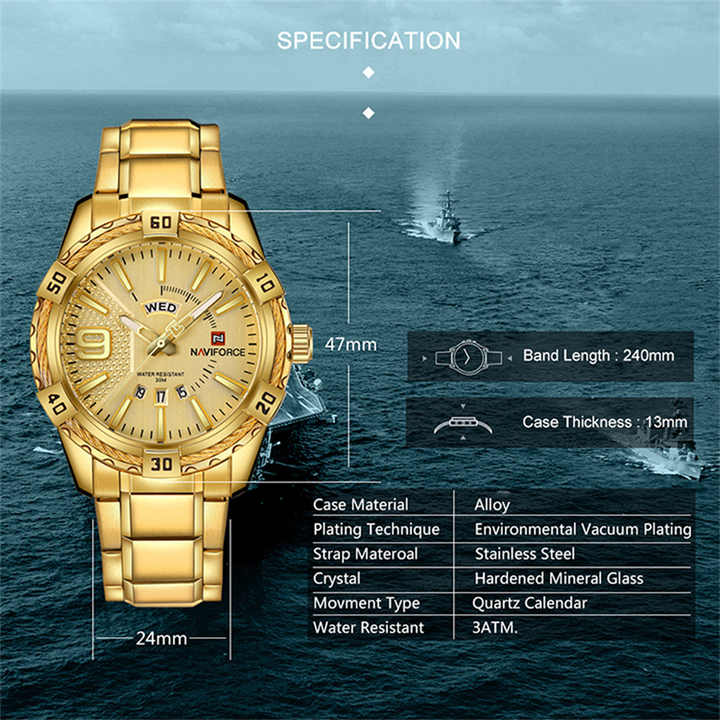 NAVIFORCE  Men's Watch Gold Luxury Sport Waterproof WristWatch Clock Business Casual Stainless Steel Watches for Men