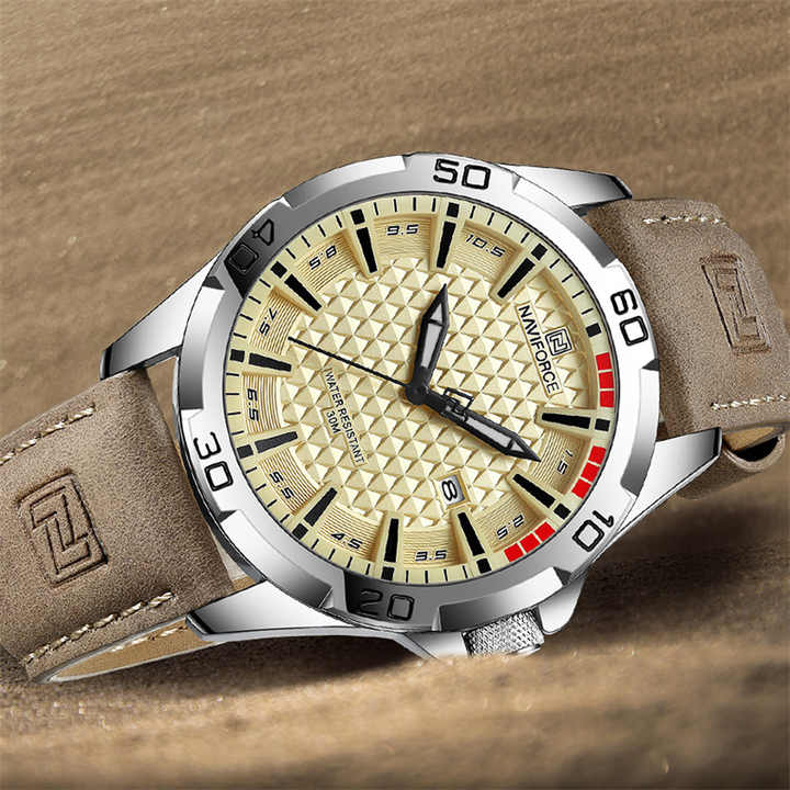 NAVIFORCE  Men's Sport Luxury Waterproof 3atm Fashion Leather Quartz Watch with Calendar
