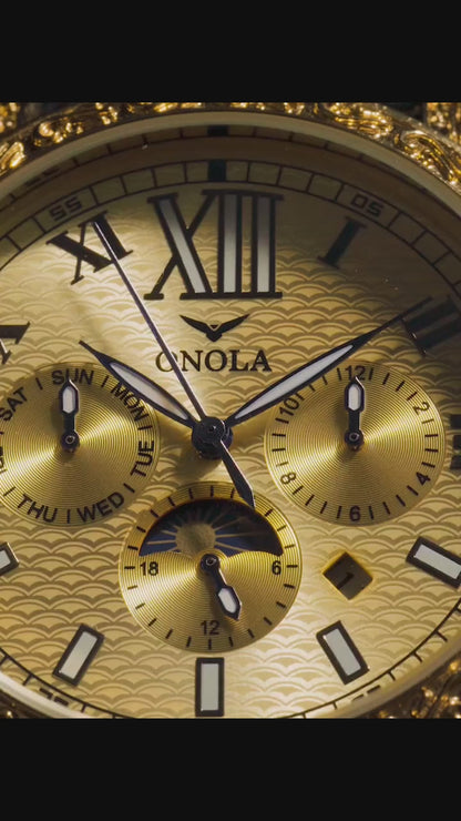 ONOLA 6834 Luxury Automatic Mechanical Men’s Watch – Waterproof 3BAR, Gold Alloy Case, Leather Band